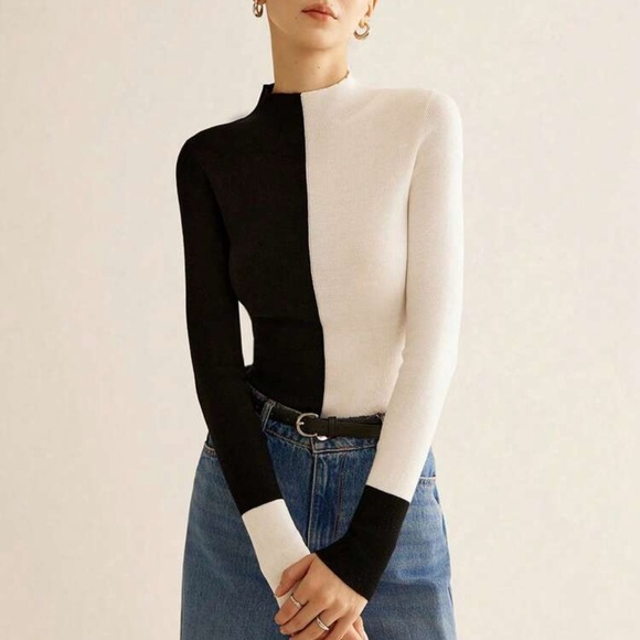 SHEIN Tops - NEW Black and Cream/White Color Block Long Sleeve Top Size L (US 8/10)